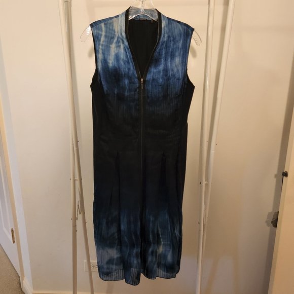 Elie Tahari | Zip Front Black and Blue Watercolor Sleeveless Shift Dress, Size 6 - Picture 2 of 9